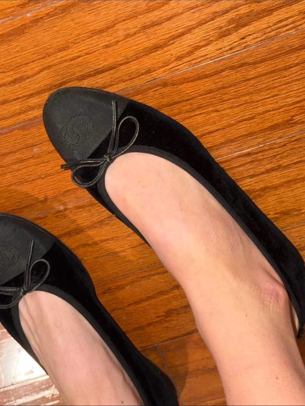 CHANEL Black Velvet and Canvas Ballet Flats with Interlocking CC